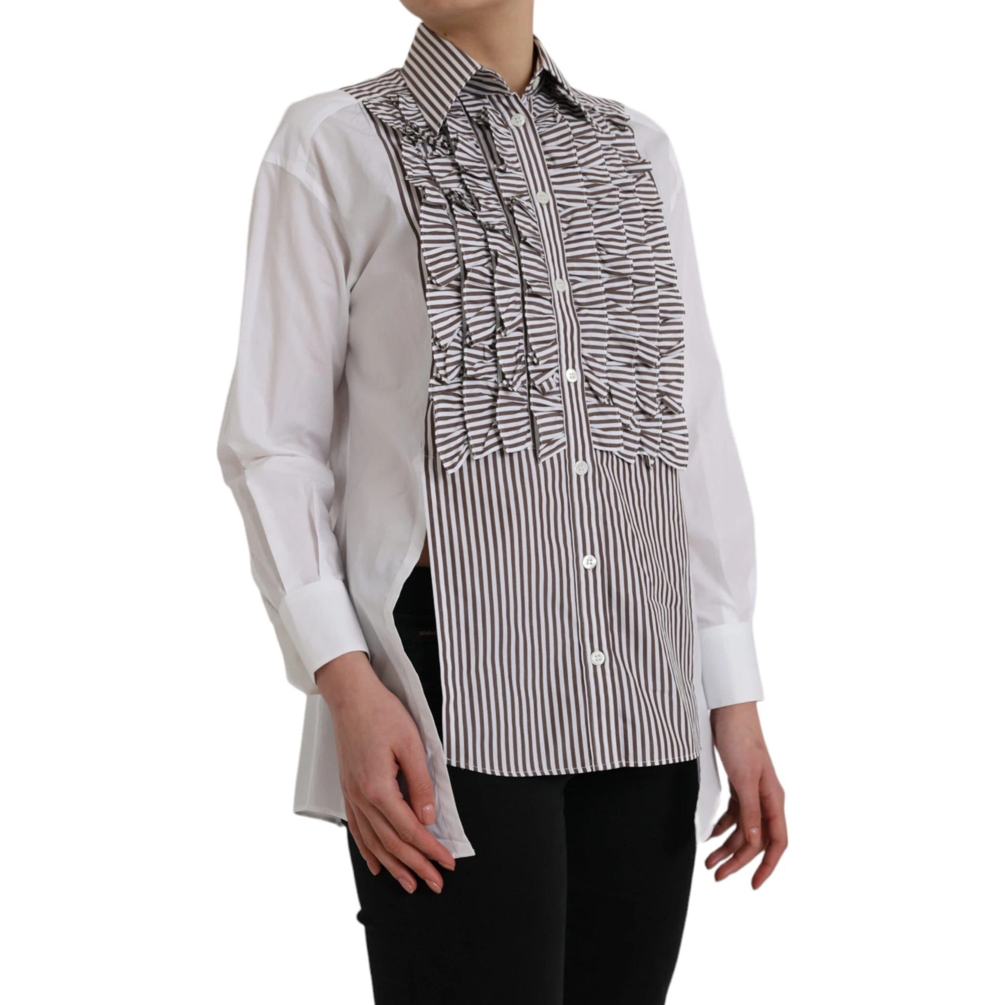 White Stripes Cotton Long Sleeves Ruffle Collar Top