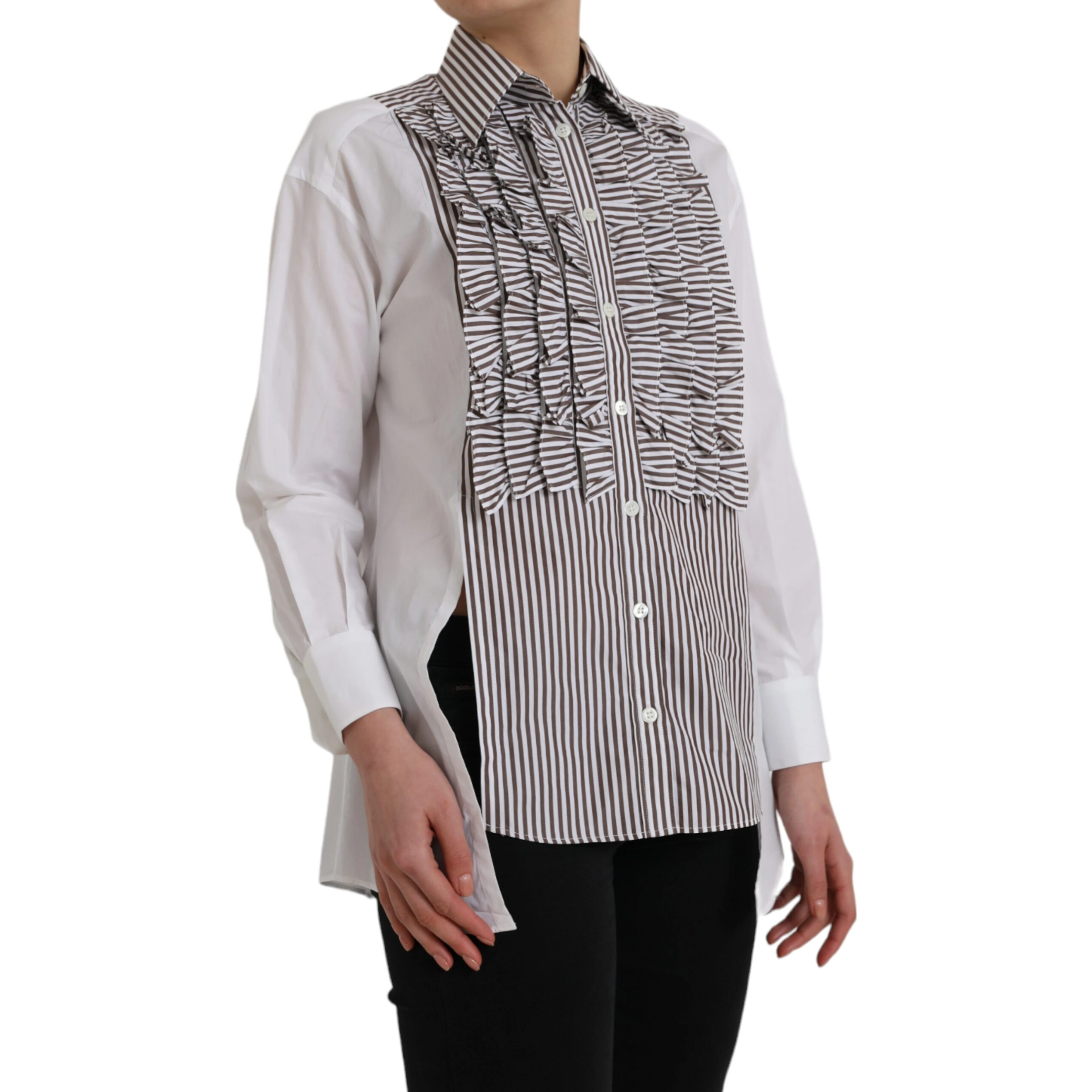 White Stripes Cotton Long Sleeves Ruffle Collar Top