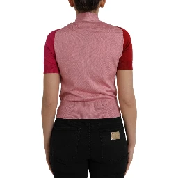 Pink Short Sleeves Pullover Ascot Collar Top
