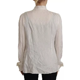 White Patterned Silk Ascot Collar Blouse Top