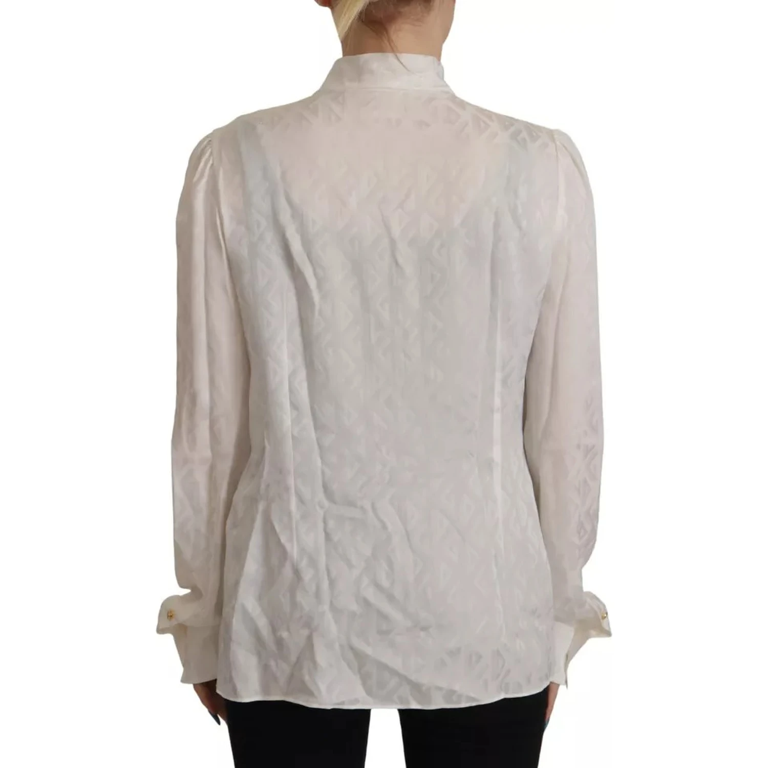 White Patterned Silk Ascot Collar Blouse Top