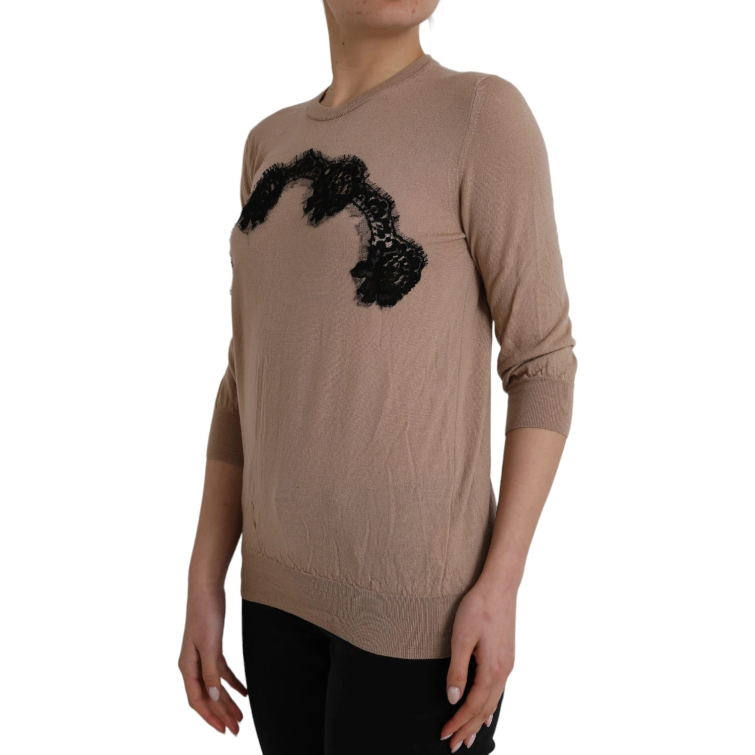Brown Wool Black Lace 3/4 Sleeve Blouse Top