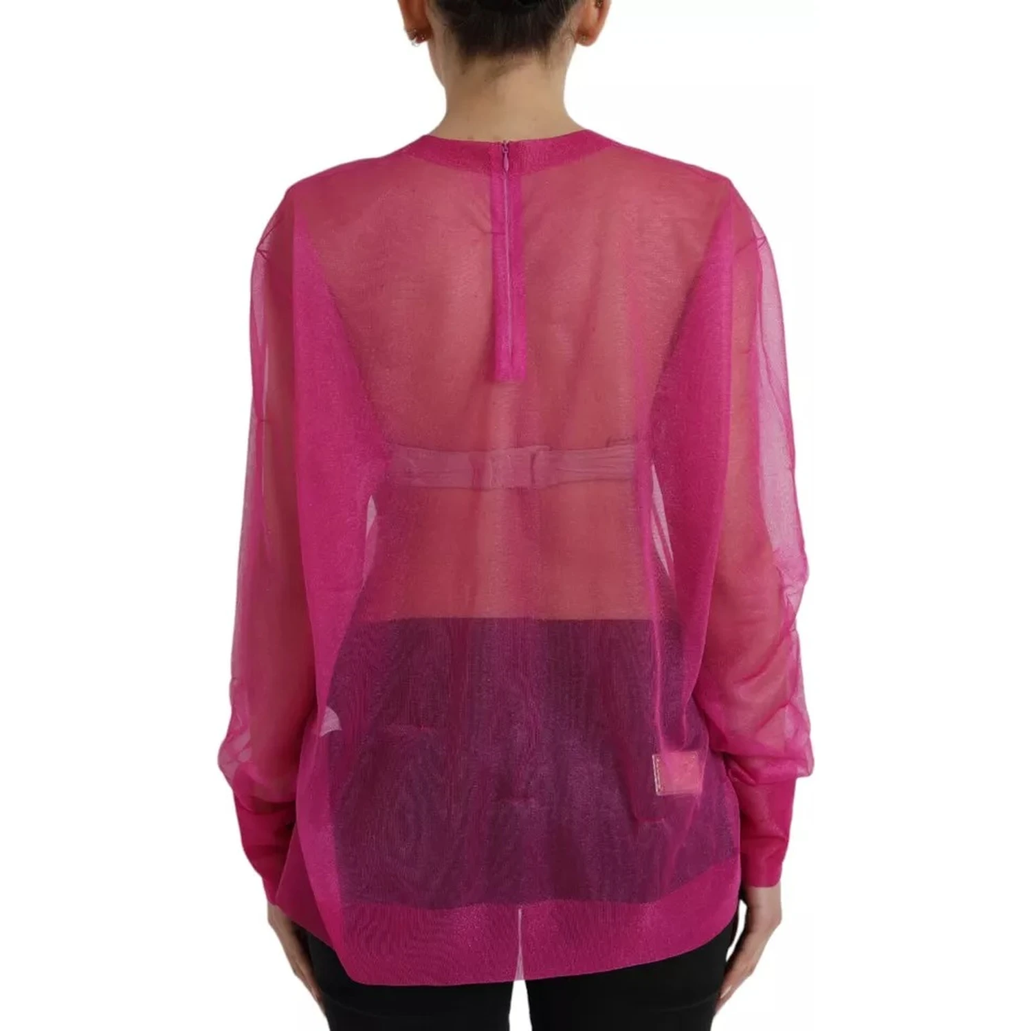 Pink Transparent Crewneck Long Sleeves Top