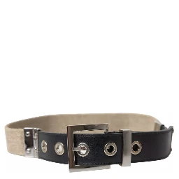Black Leather Beige Strap Silver Metal Buckle Belt
