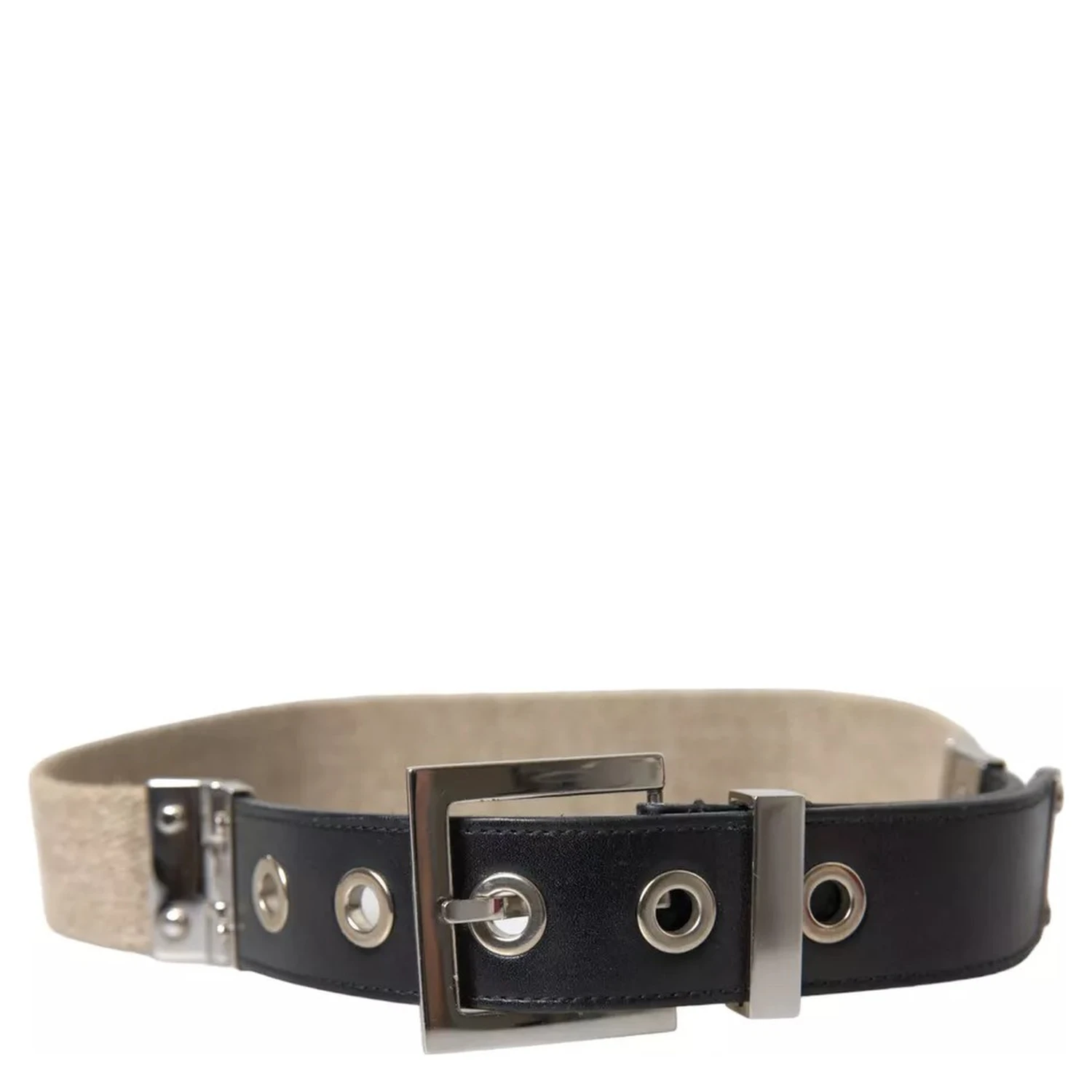 Black Leather Beige Strap Silver Metal Buckle Belt