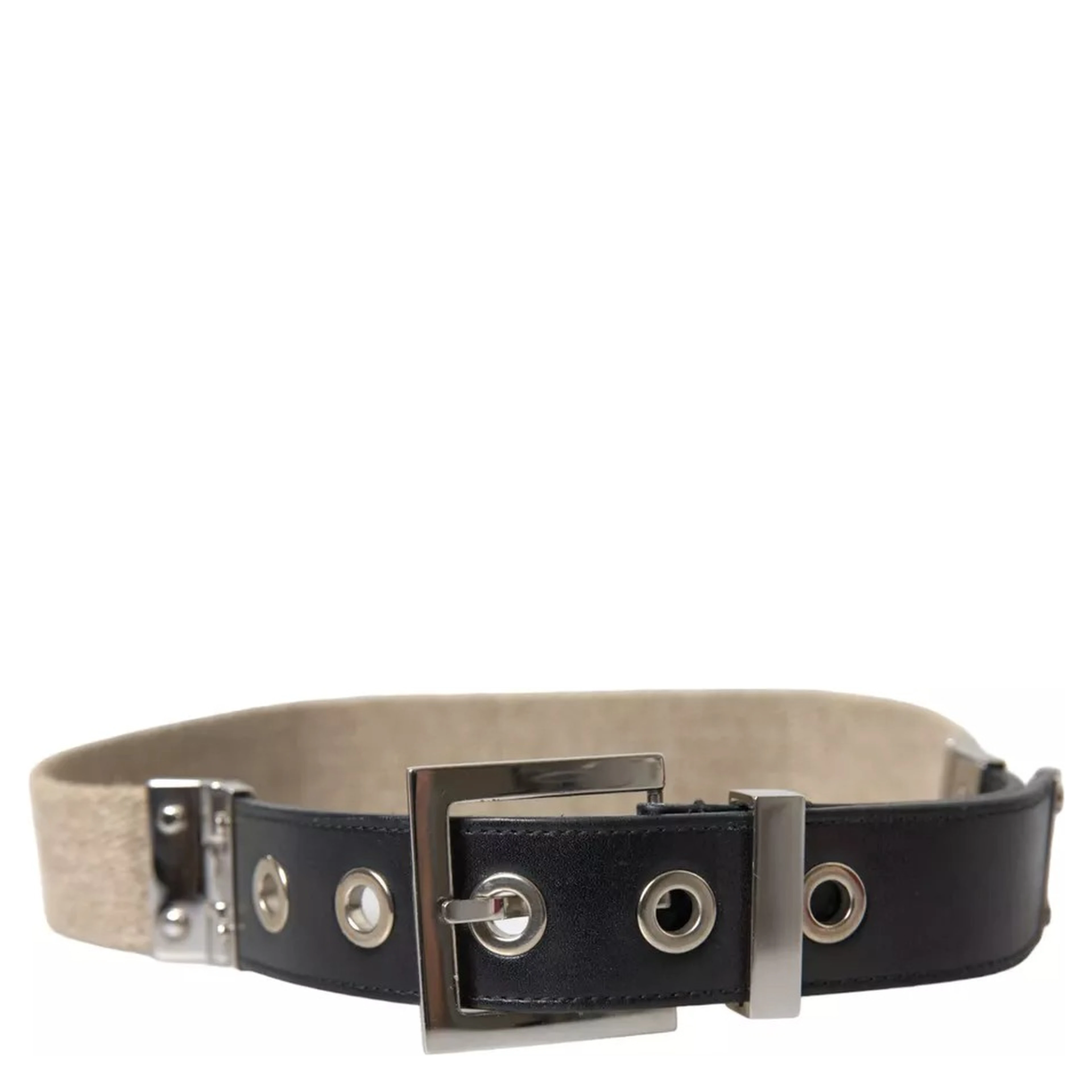 Black Leather Beige Strap Silver Metal Buckle Belt