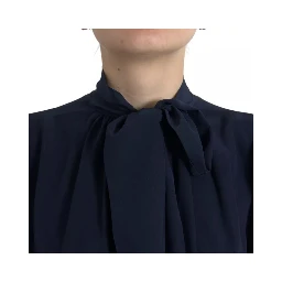 Blue Long Sleeves Ascot Collar Blouse Top