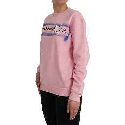 Pink Cotton Logo Print Long Sleeves Pullover Sweater