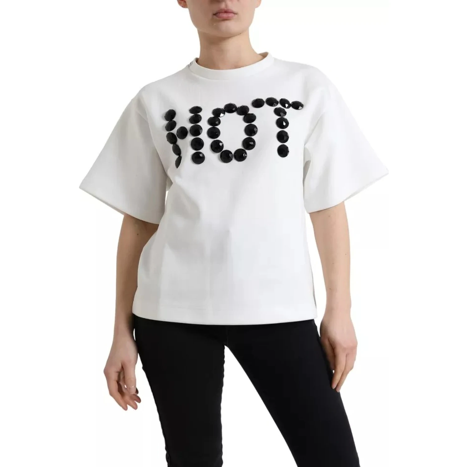 White Cotton Stretch Black HOT Crystal T-shirt