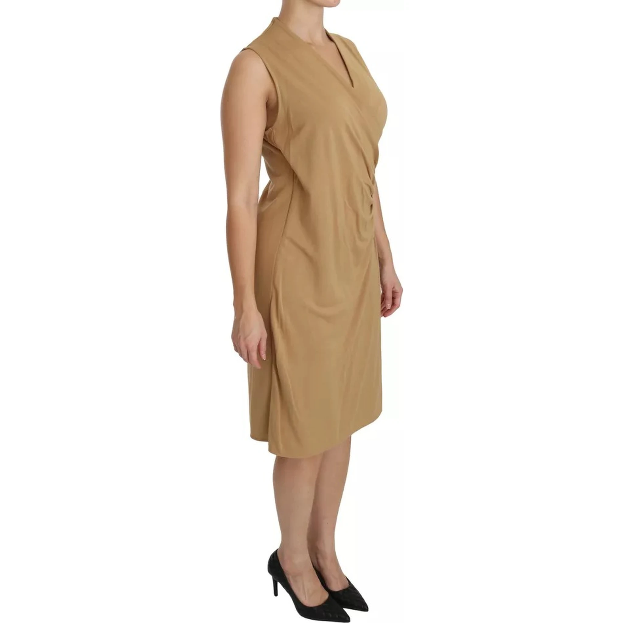 Brown V-neck Shift Knee Length Viscose Dress