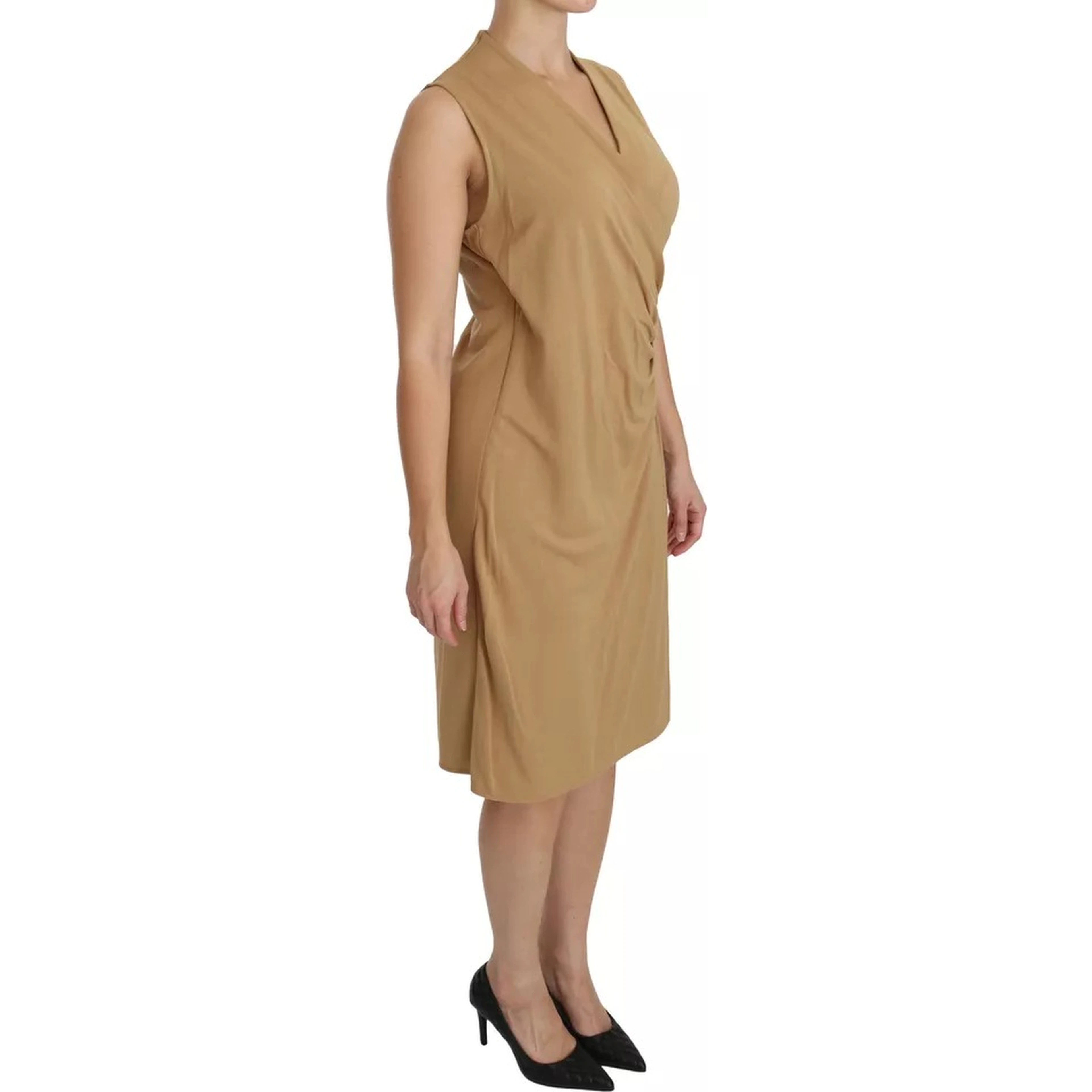 Brown V-neck Shift Knee Length Viscose Dress