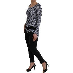 Blue Floral Lace Long Sleeves Top Underwear Blouse