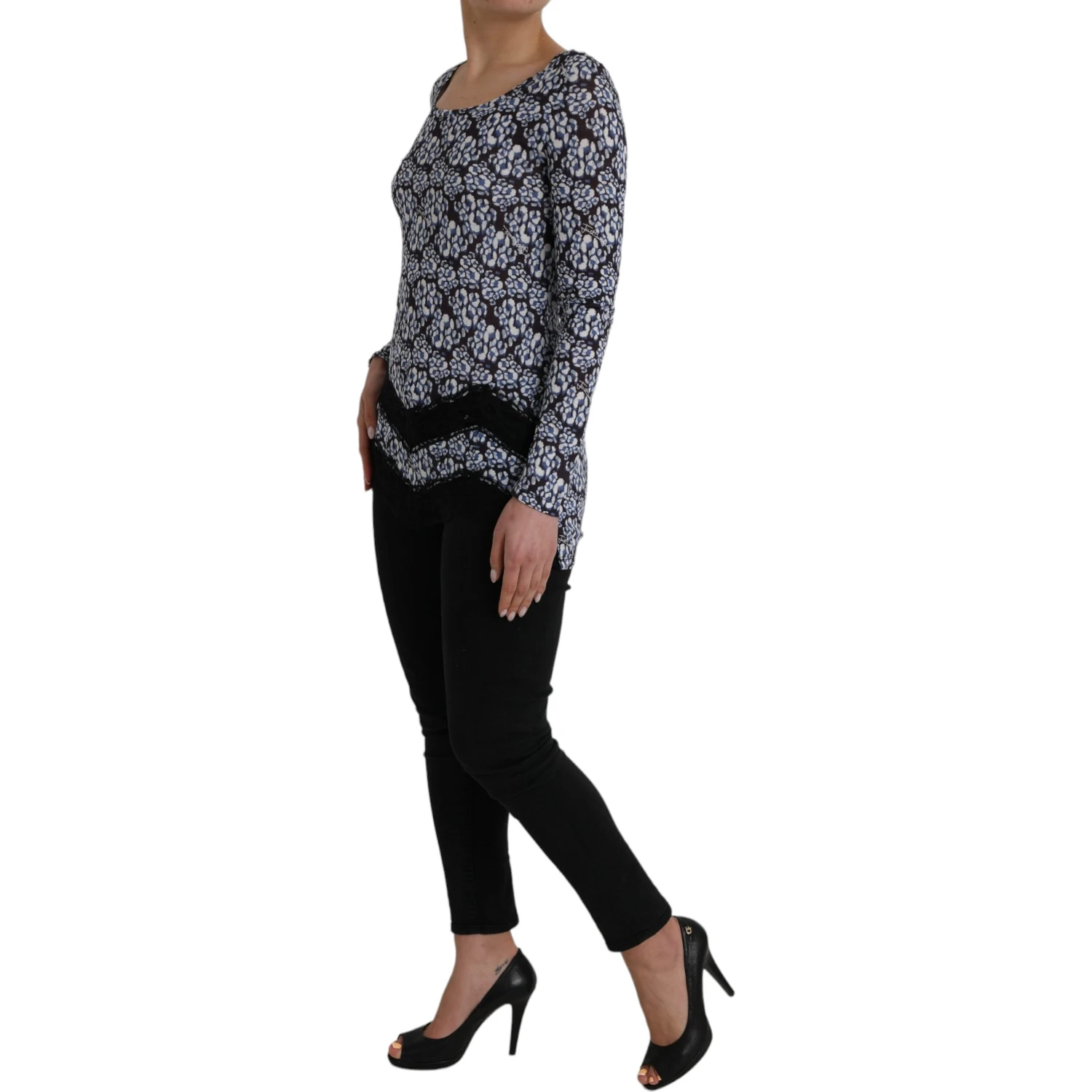 Blue Floral Lace Long Sleeves Top Underwear Blouse