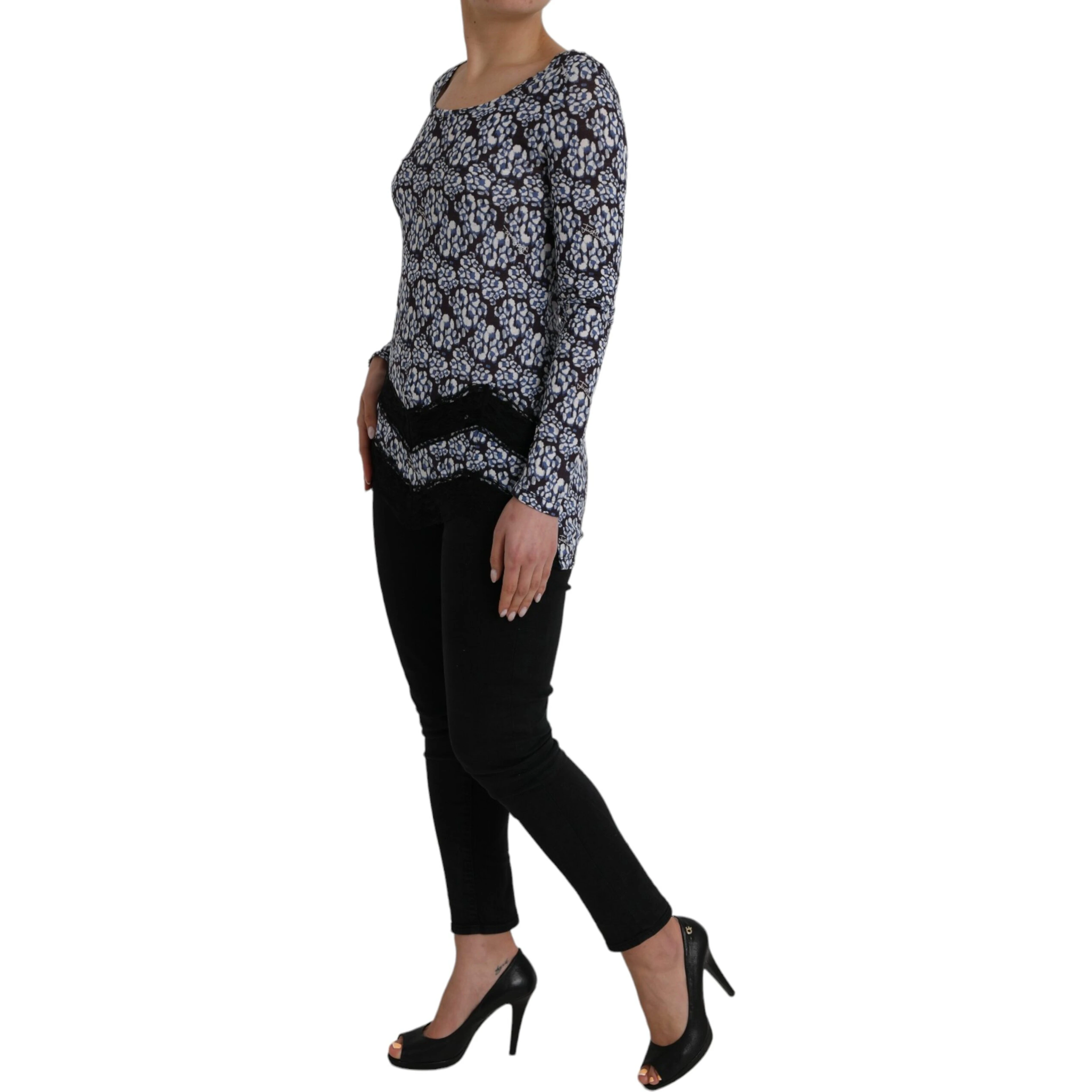 Blue Floral Lace Long Sleeves Top Underwear Blouse
