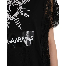 Black Sacred Heart Print Cotton Lace T-shirt