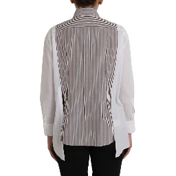 White Stripes Cotton Long Sleeves Ruffle Collar Top
