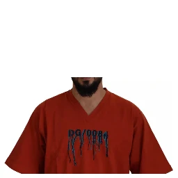 Red Logo Embroidery Crewneck Cotton T-shirt
