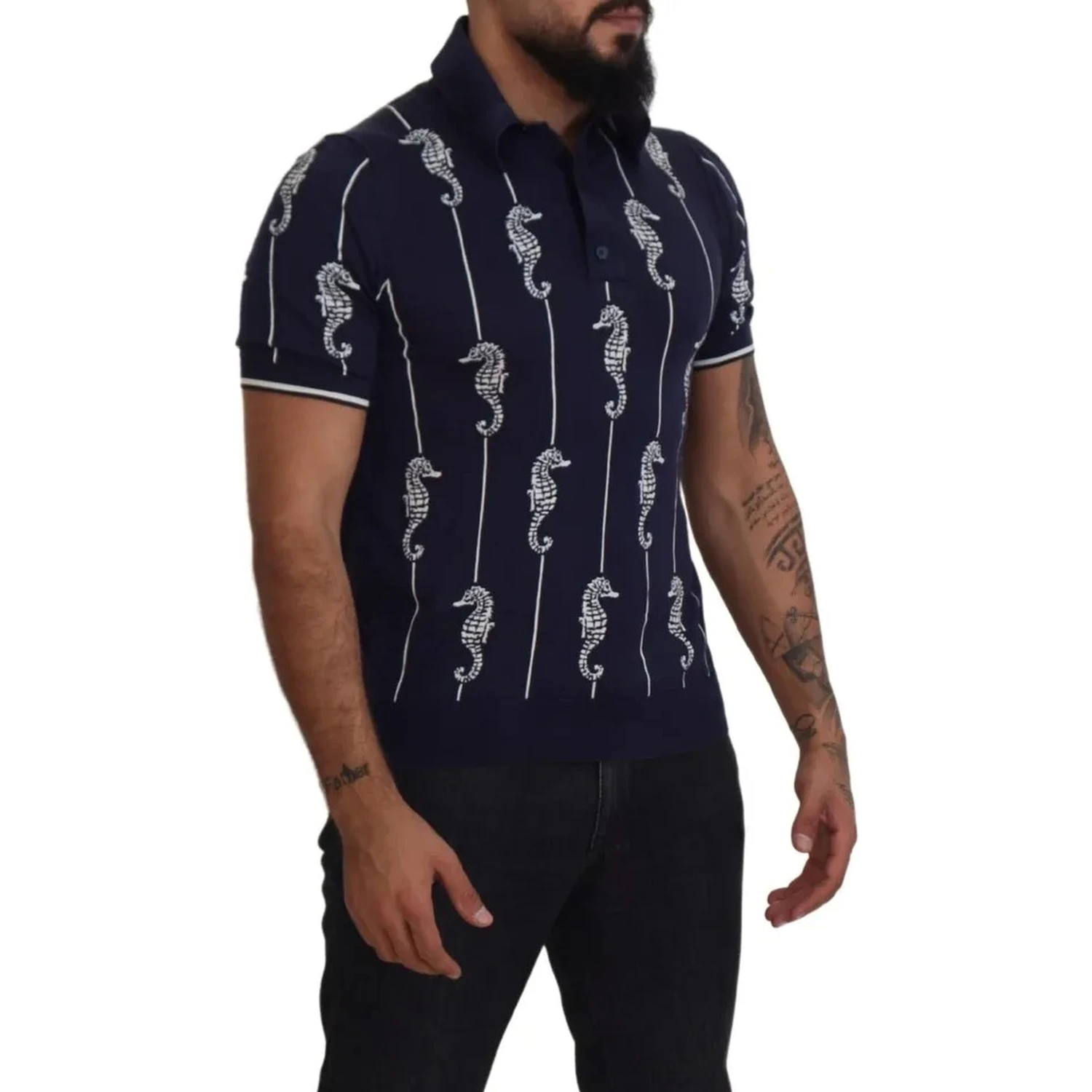 Dark Blue Sea Horse Collared Polo T-shirt