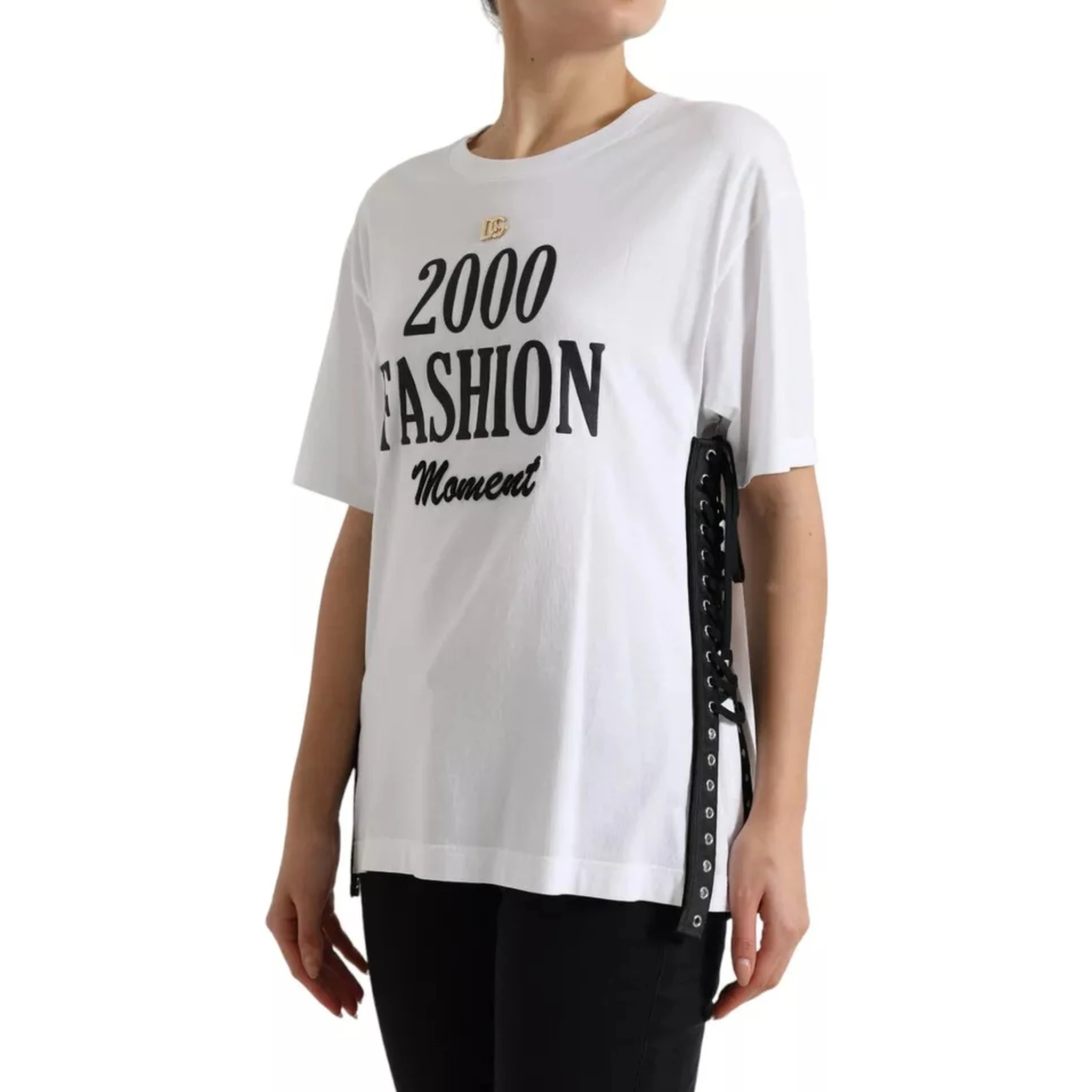 White Slogan Print Lacing Detailed T-shirt