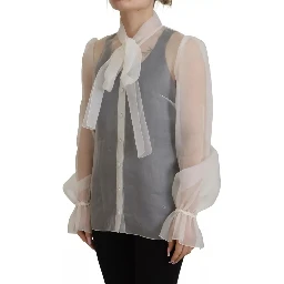 White Ascot Collar Long Sleeves Blouse Top
