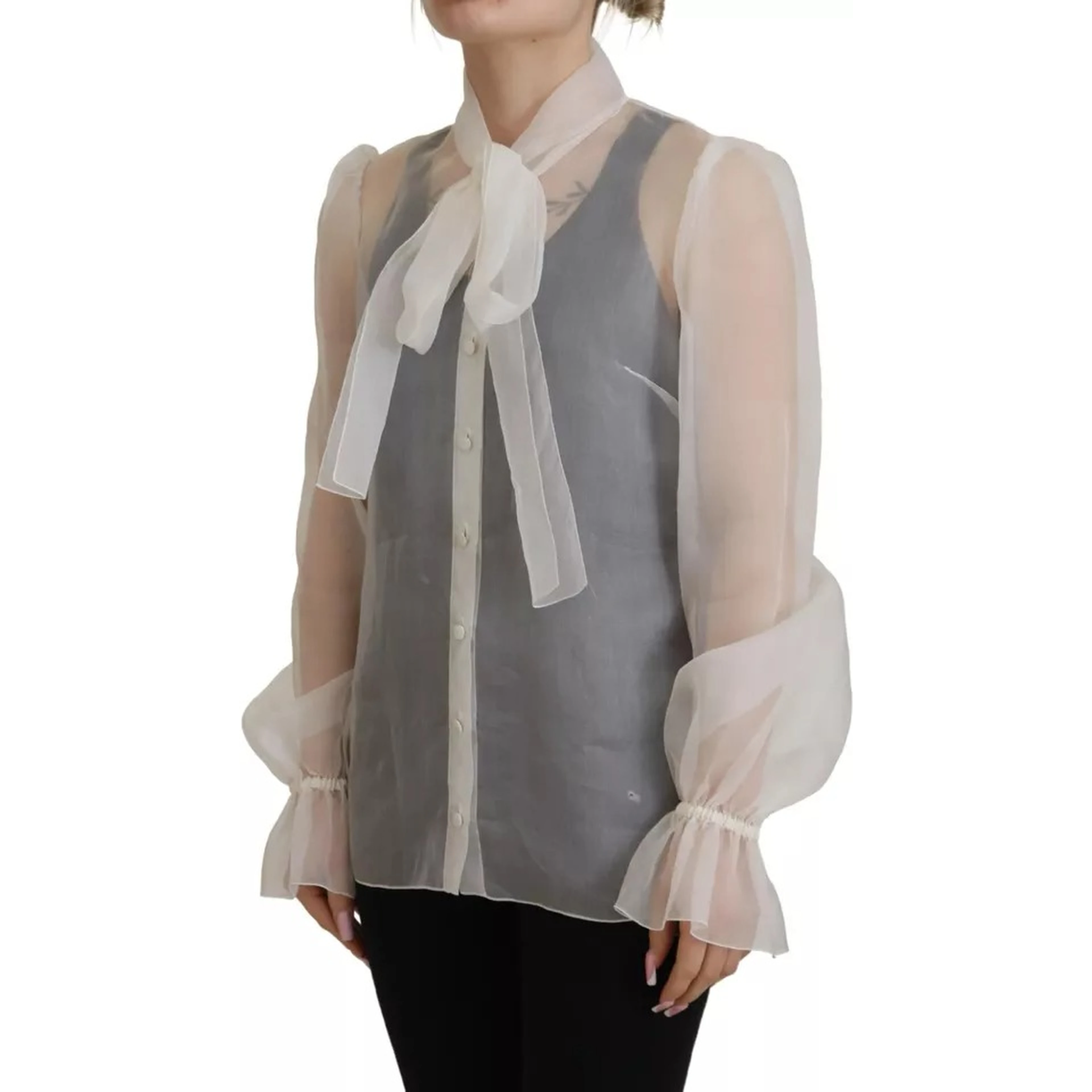 White Ascot Collar Long Sleeves Blouse Top