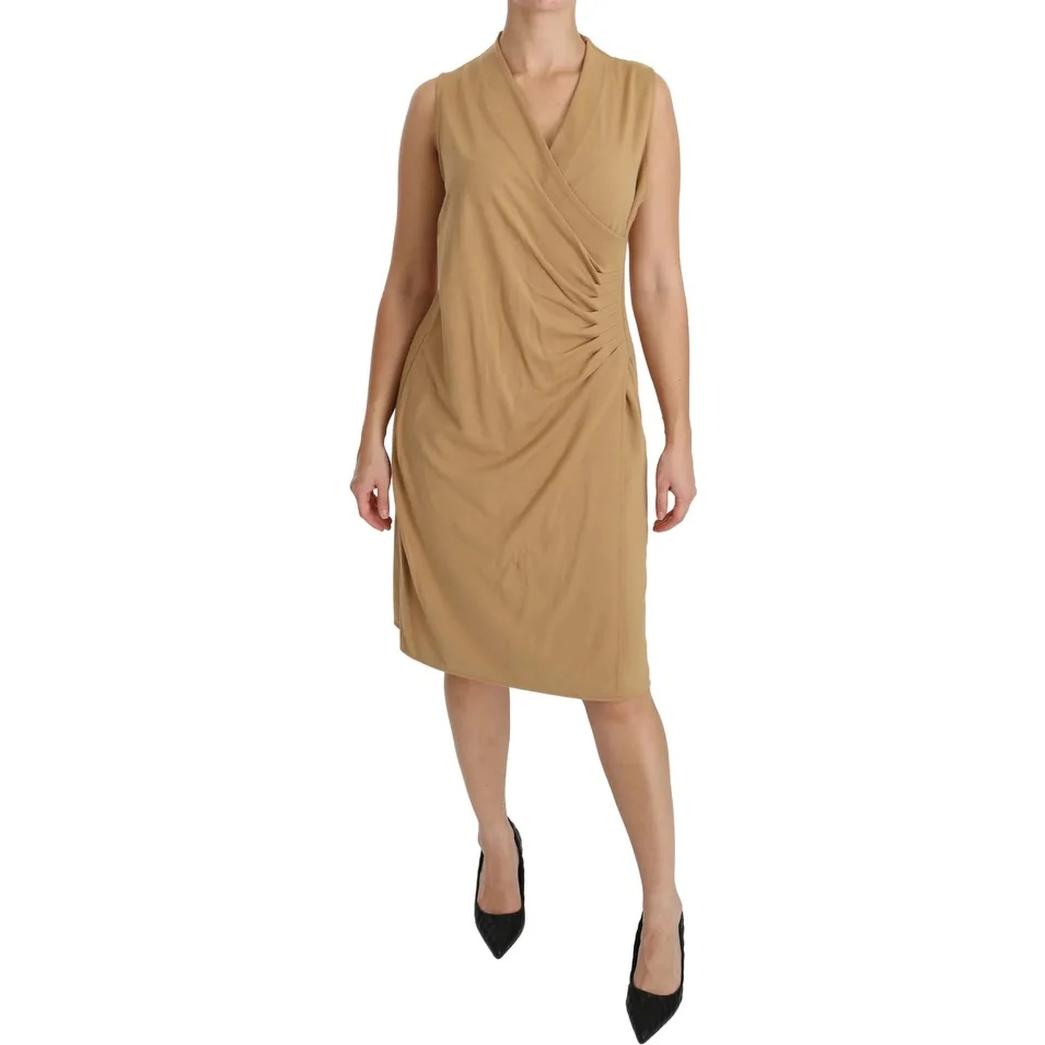 Brown V-neck Shift Knee Length Viscose Dress