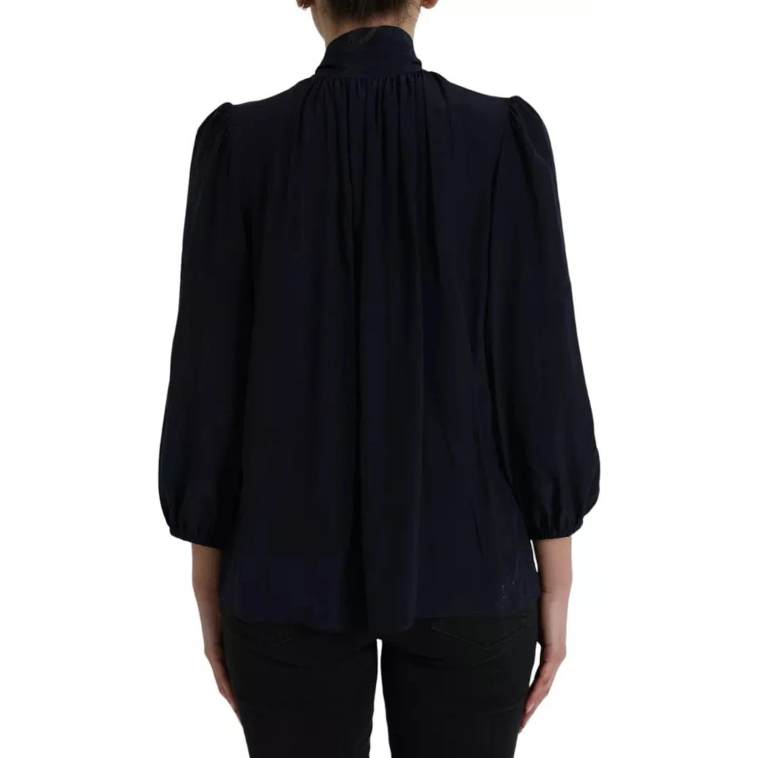Blue Long Sleeves Ascot Collar Blouse Top