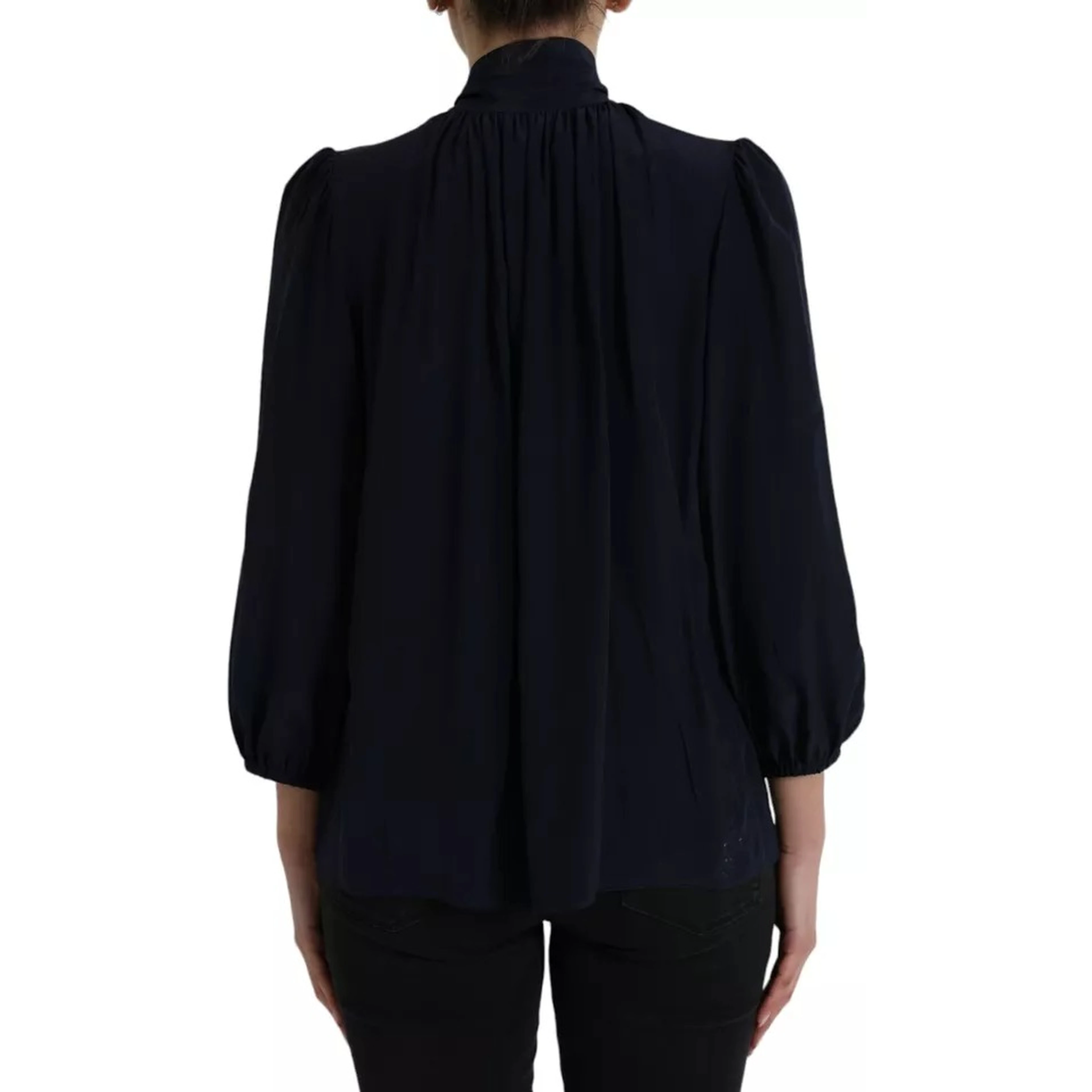 Blue Long Sleeves Ascot Collar Blouse Top