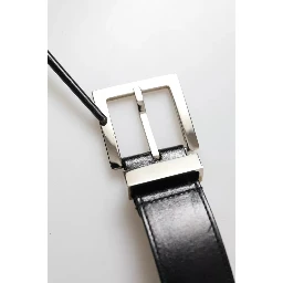 Black Leather Beige Strap Silver Metal Buckle Belt
