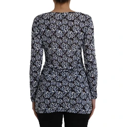 Blue Floral Lace Long Sleeves Top Underwear Blouse