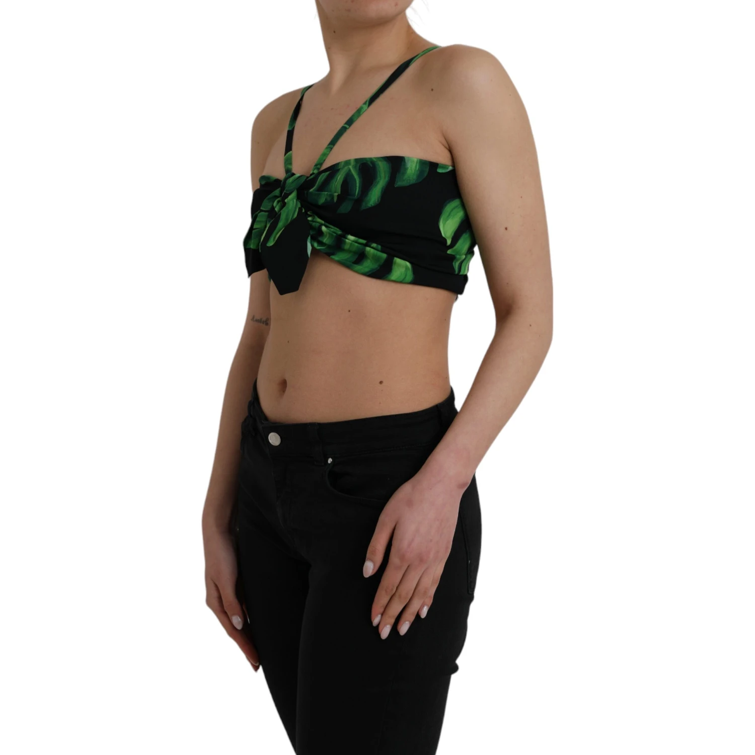 Black Green Leaf Silk Halter Cropped Top