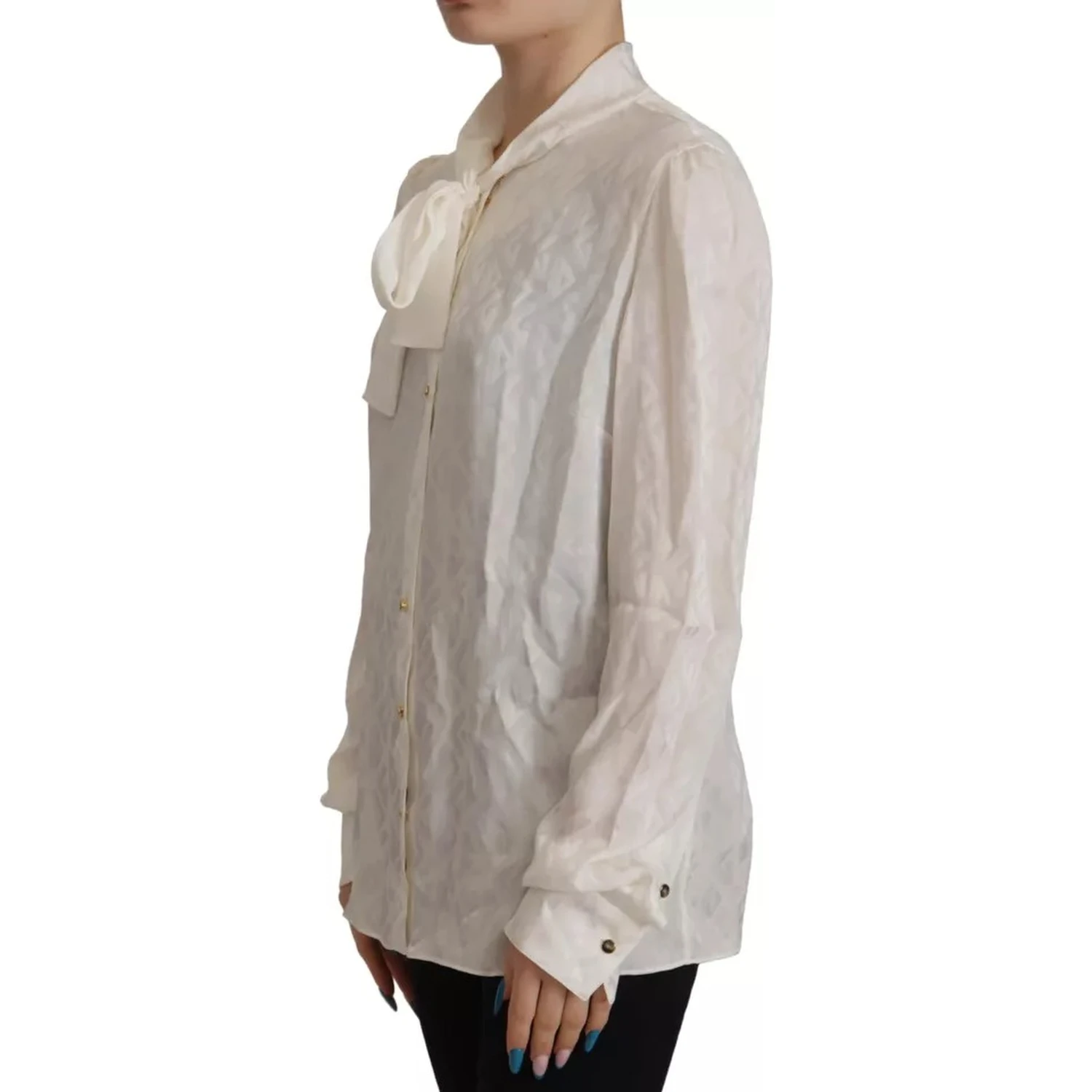 White Patterned Silk Ascot Collar Blouse Top