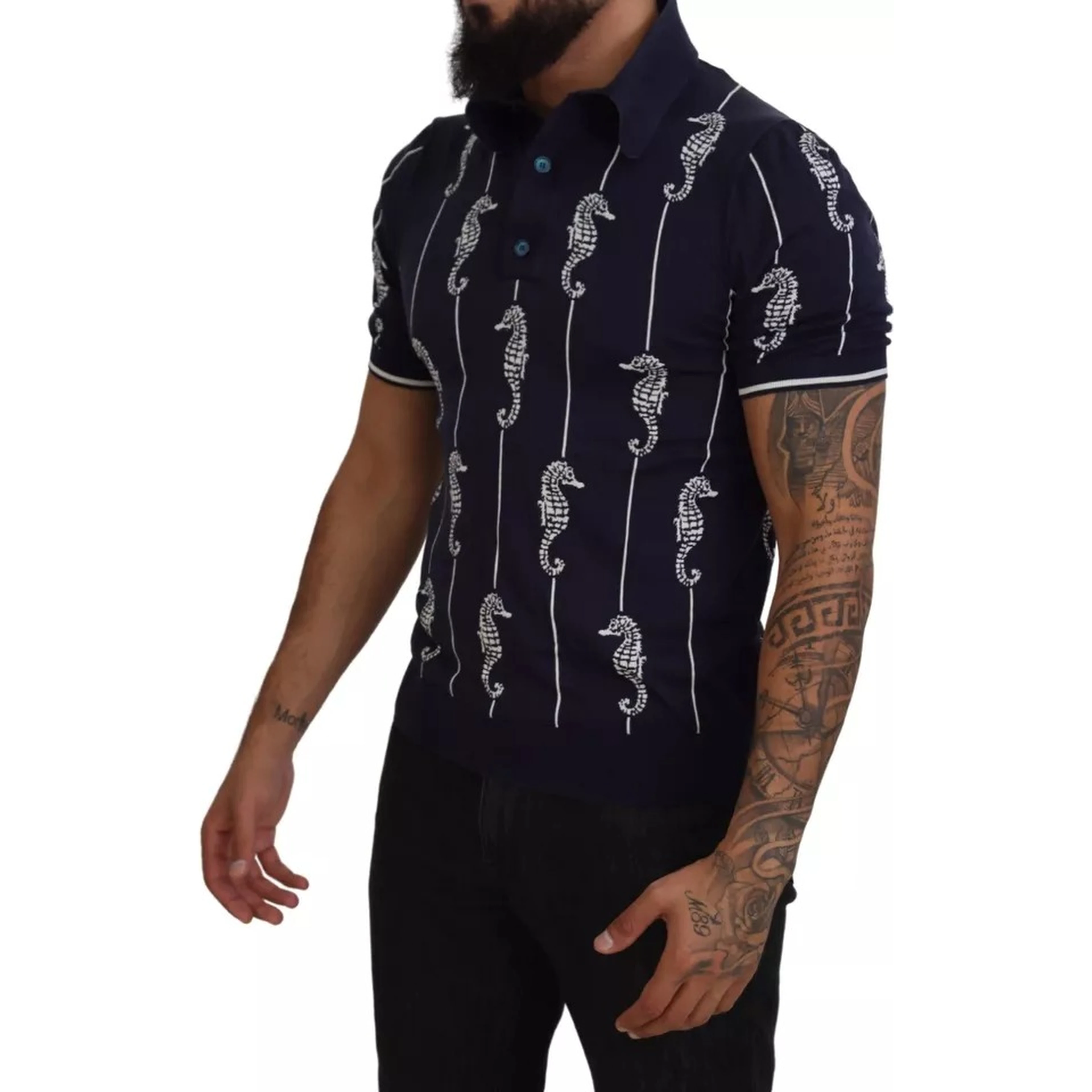 Dark Blue Sea Horse Collared Polo T-shirt