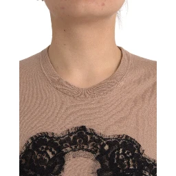 Brown Wool Black Lace 3/4 Sleeve Blouse Top