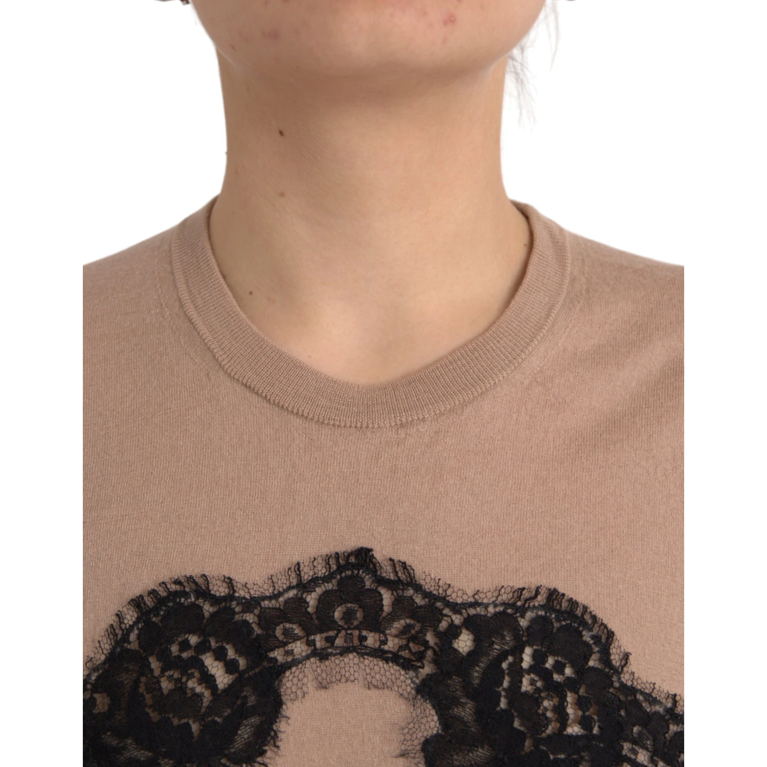 Brown Wool Black Lace 3/4 Sleeve Blouse Top