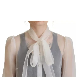 White Ascot Collar Long Sleeves Blouse Top