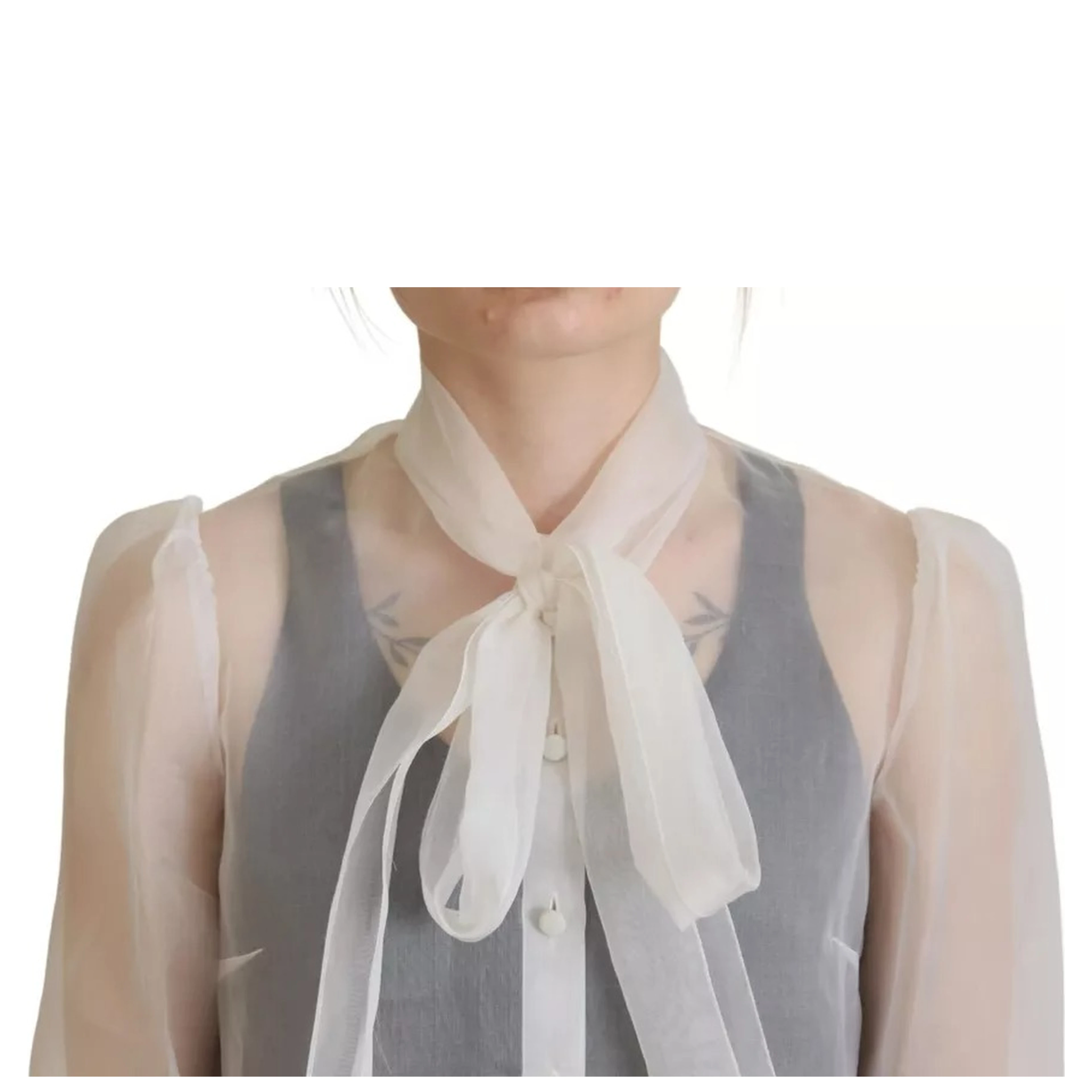White Ascot Collar Long Sleeves Blouse Top