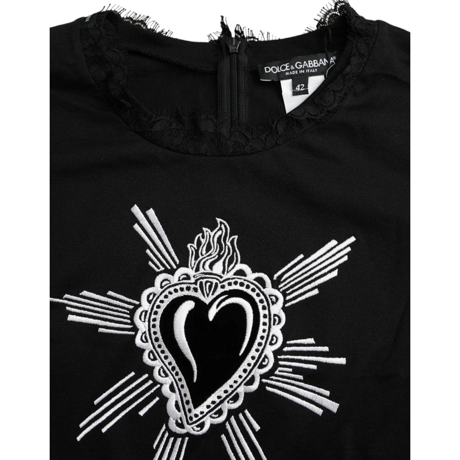 Black Sacred Heart Print Cotton Lace T-shirt