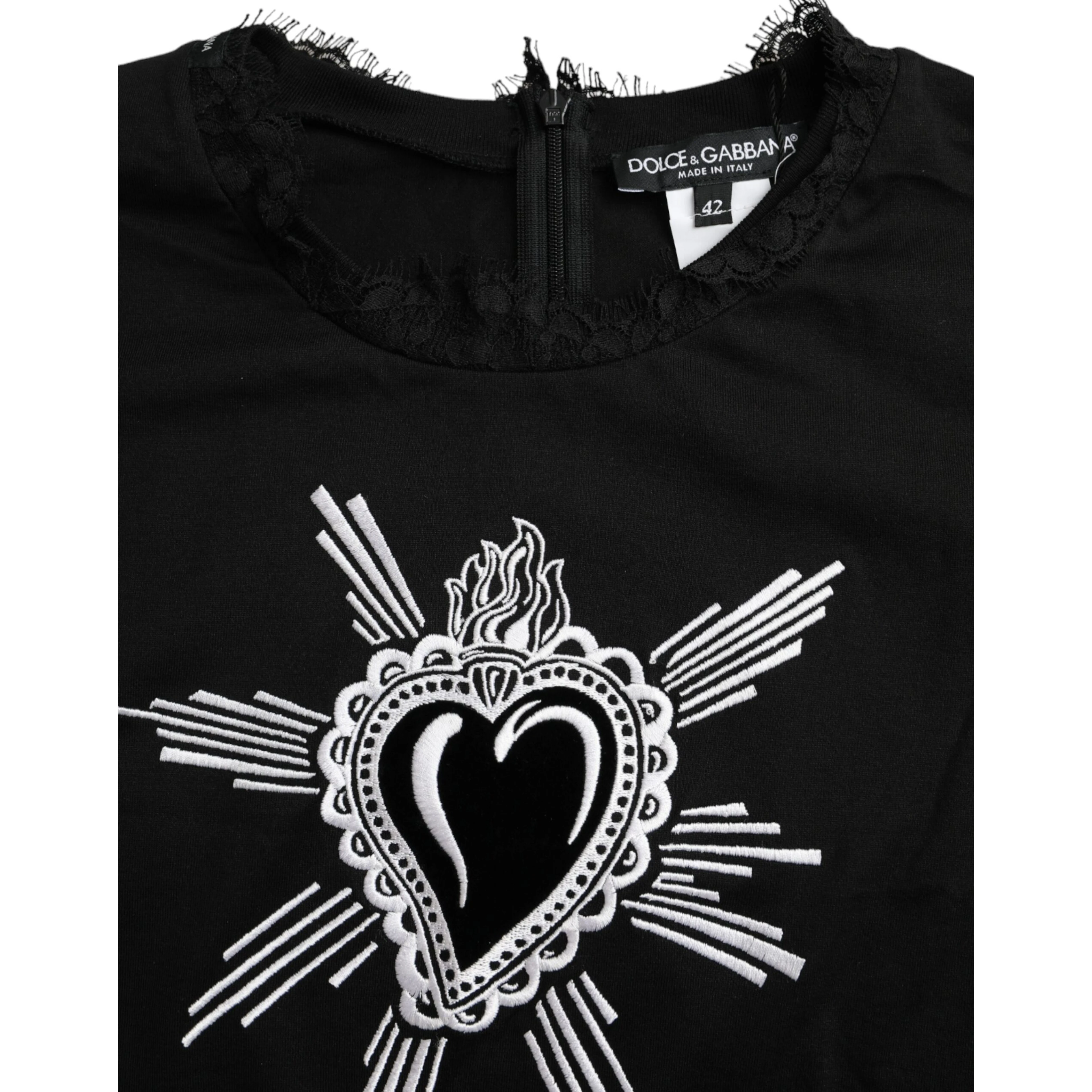 Black Sacred Heart Print Cotton Lace T-shirt