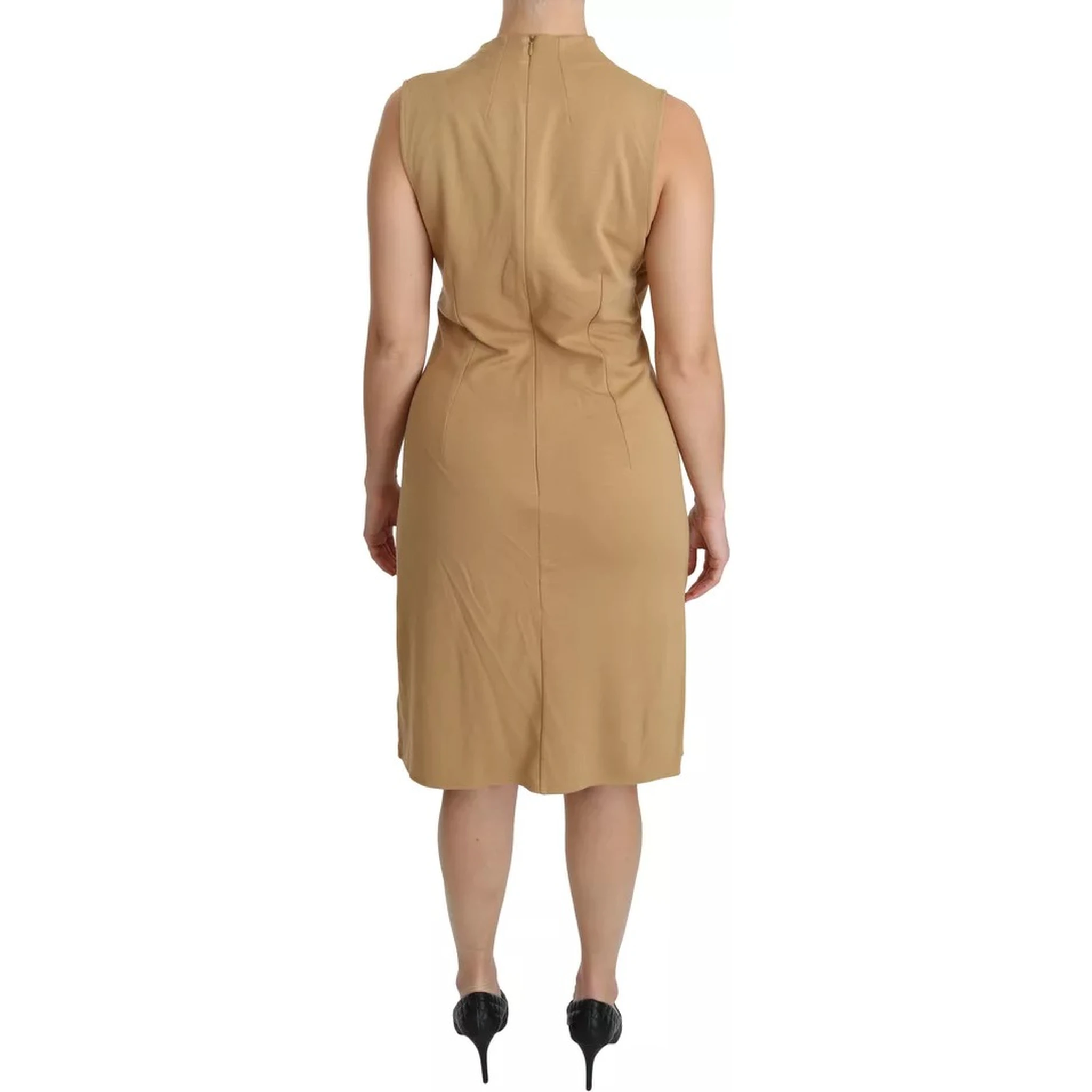 Brown V-neck Shift Knee Length Viscose Dress