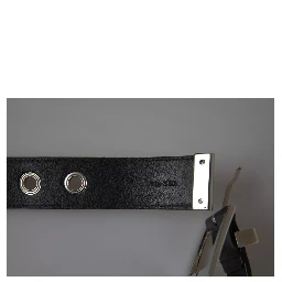 Black Leather Beige Strap Silver Metal Buckle Belt