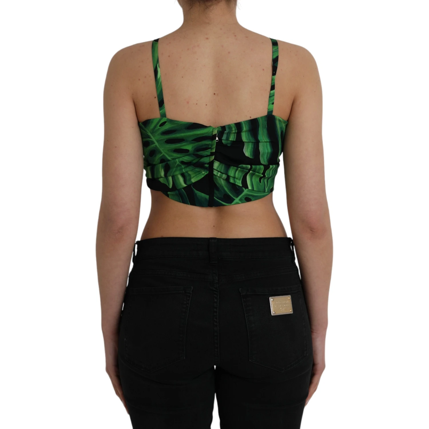 Black Green Leaf Silk Halter Cropped Top