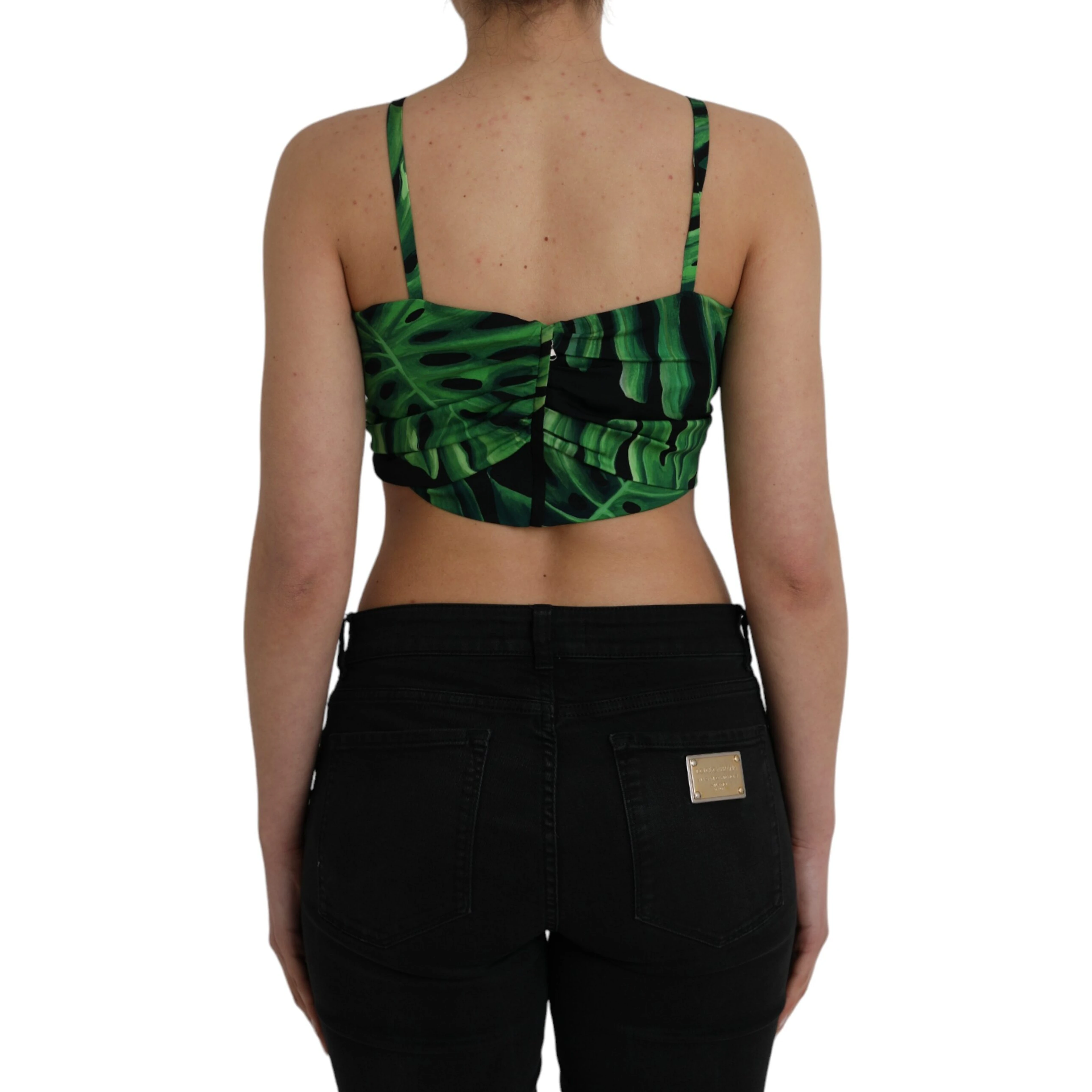 Black Green Leaf Silk Halter Cropped Top