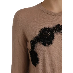Brown Wool Black Lace 3/4 Sleeve Blouse Top