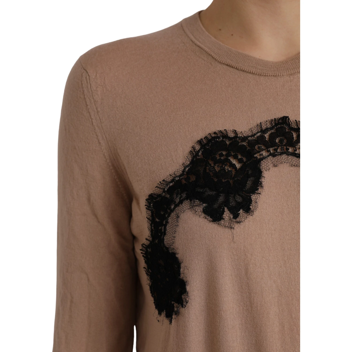 Brown Wool Black Lace 3/4 Sleeve Blouse Top