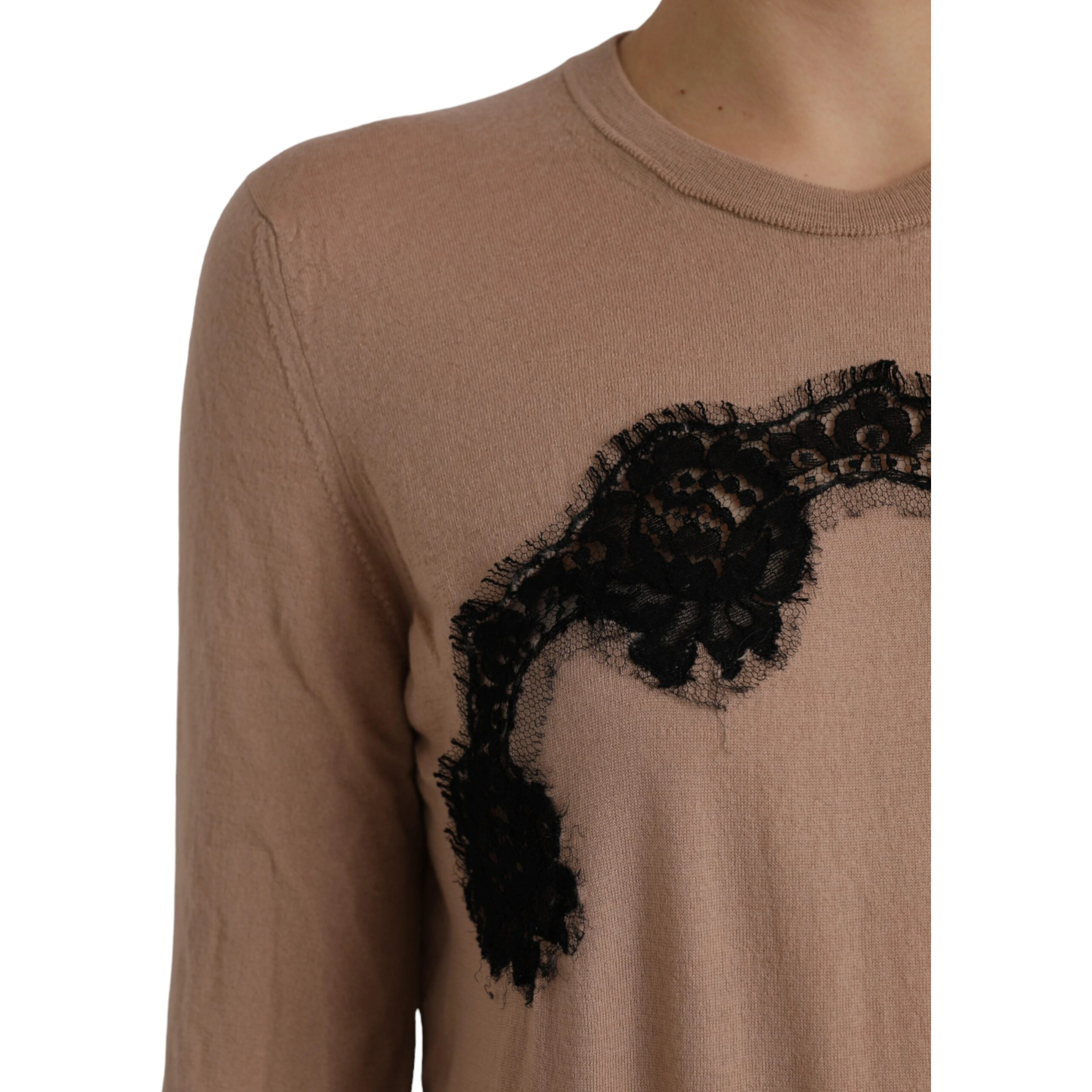 Brown Wool Black Lace 3/4 Sleeve Blouse Top