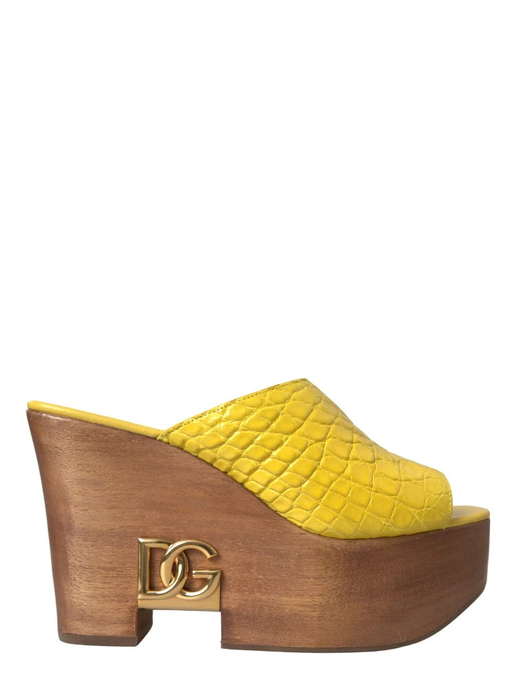 Yellow Leather Wood Mule Wedge Slides Shoes