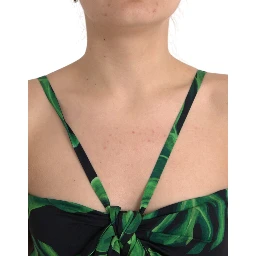 Black Green Leaf Silk Halter Cropped Top