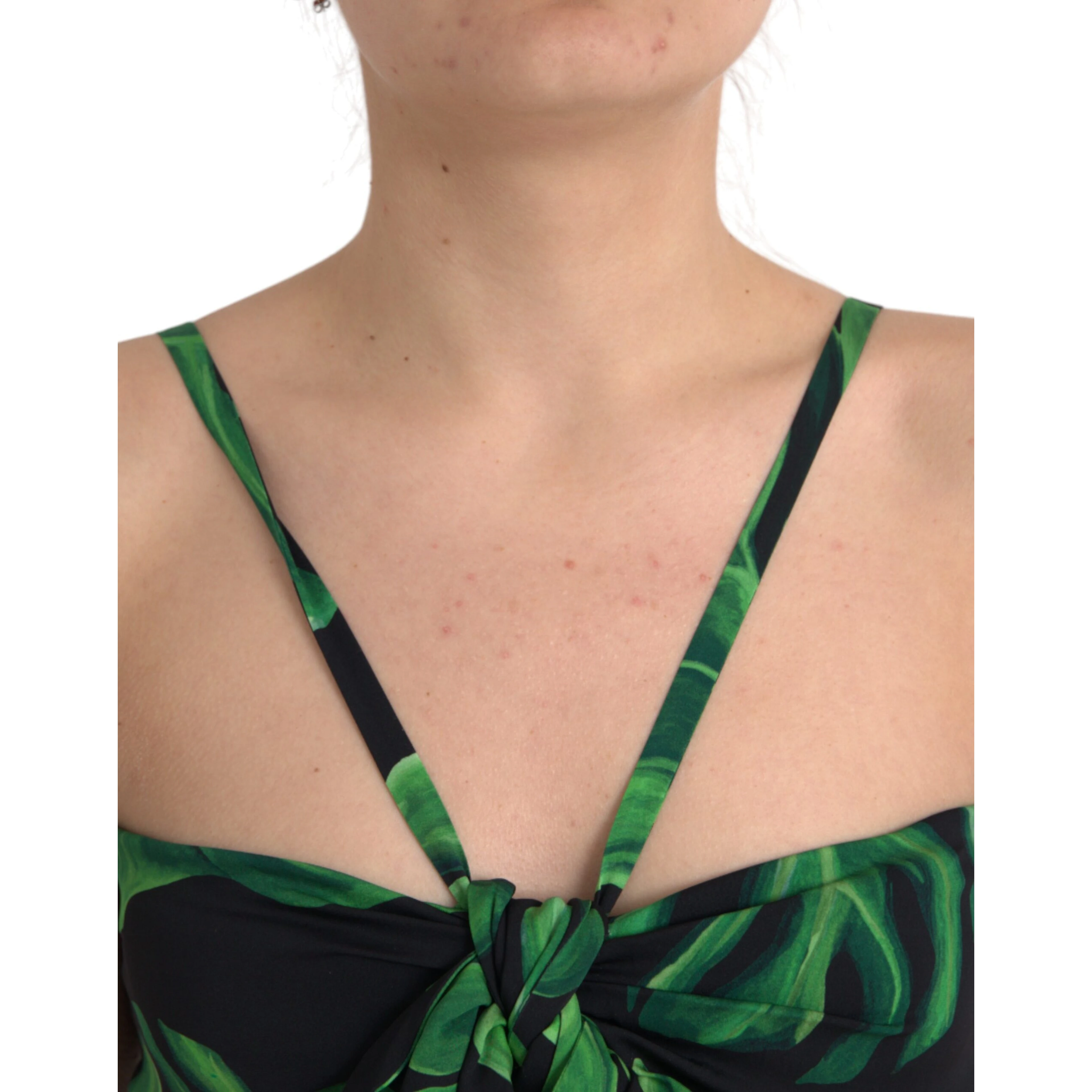 Black Green Leaf Silk Halter Cropped Top