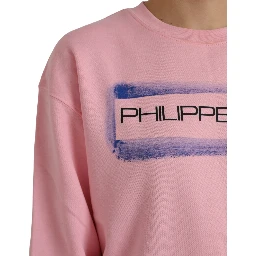 Pink Cotton Logo Print Long Sleeves Pullover Sweater